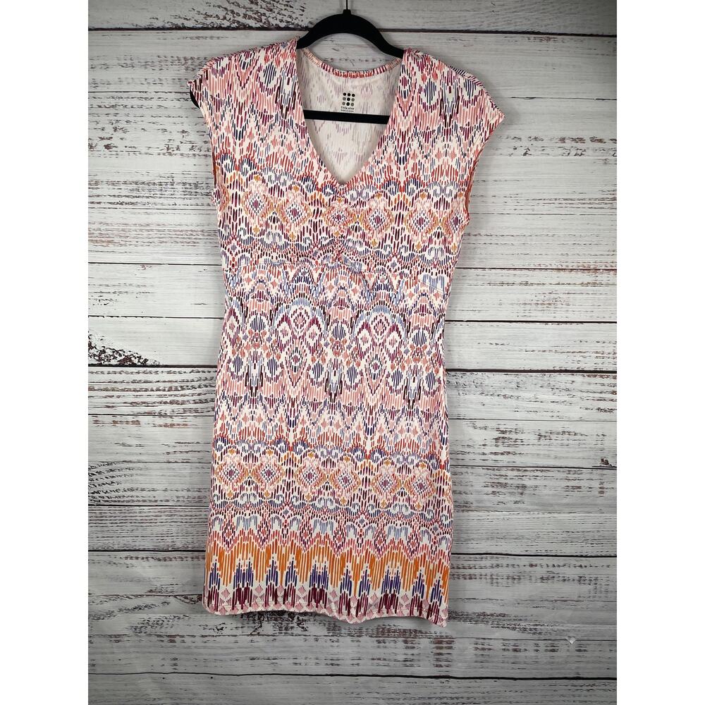 Title Nine Dress Women's Small Pink Orange Ikat Print Sleeveless V Neck Ruched